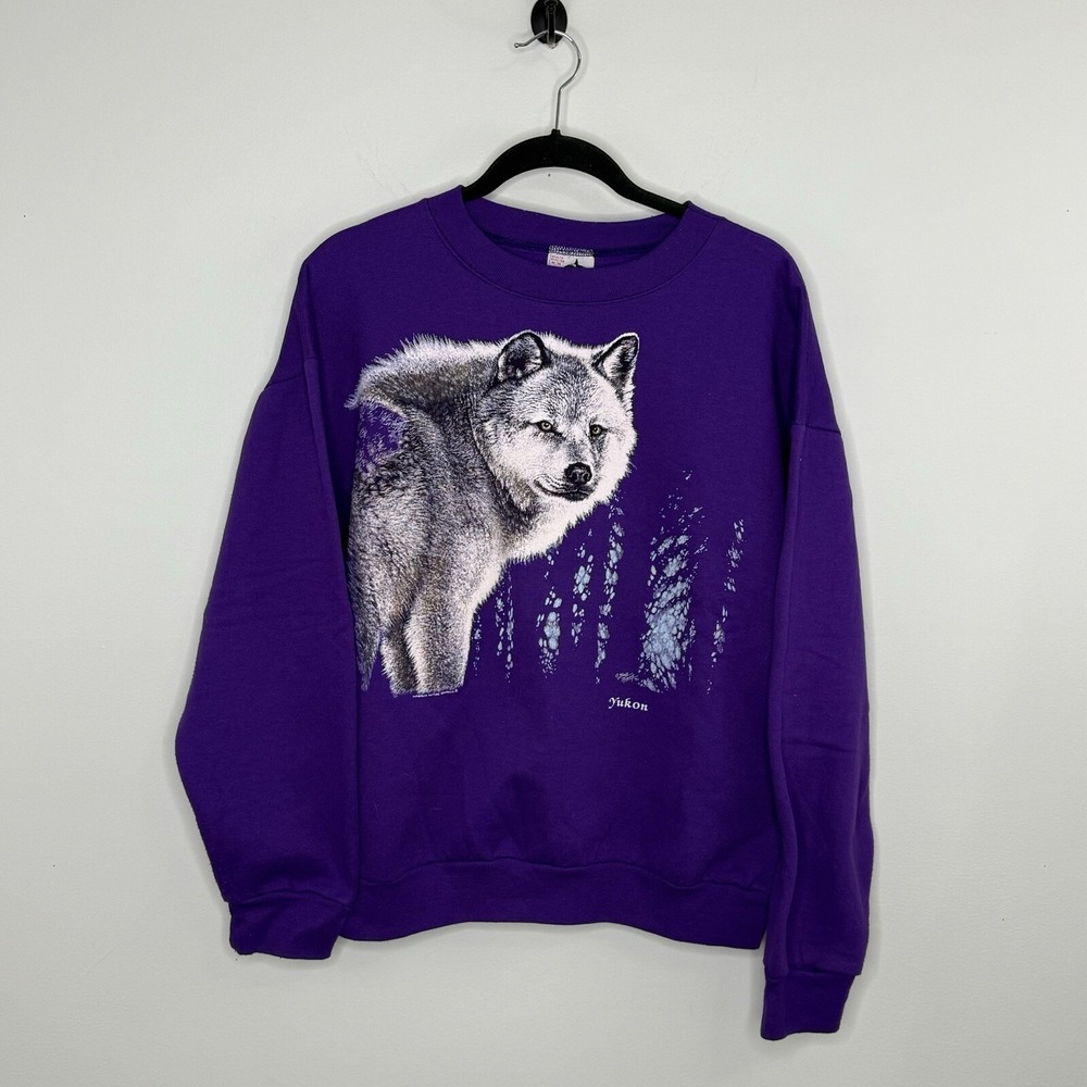 Vtg Harlequin Grey Wolf Pullover Purple‎ Crewneck Sweatshirt Sz M Yukon 1990 EUC